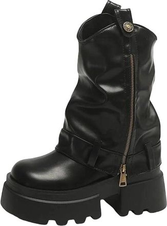 Generic Women Chunky Heeled Mid-Calf Boots Leather Platform Zip Design Motorcycle Booties