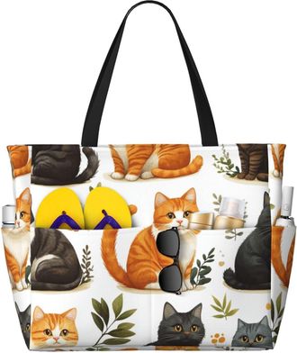 Generic Cute Cat Print Large Beach Bag Foldable Travel Shoulder Tote Bag With Pocket For Weekender Pool Vacation