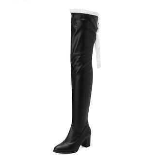 Generic Black,4.5 UK,Womens Tall Over The Knee Boots Pointed Toe Thigh High Fall Block Chunky Heeled Long Boot Side Zipper Leather PU Dress Shoes with Lace
