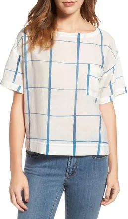 Eileen Fisher Check Organic Cotton & Silk Top in Chambray at Nordstrom, Size Medium