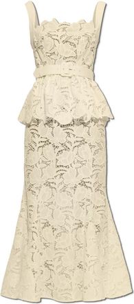 Self Portrait Lace Peplum Midi Jurk - Dames - Feestkleedjes - Geel - M - Leer - Kleedjes