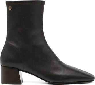 Tory Burch Stretch Enkellaars - Dames - Laarzen met Hak - Bruin - 39 1/2 EU - Leer - Schoenen