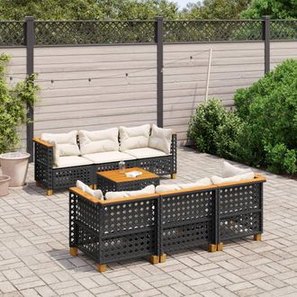 vidaXL Set De Sof&aacute;s De Jard&iacute;n 7 Pzas Con Cojines Rat&aacute;n Sint&eacute;tico Negro Vidaxl