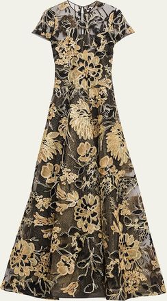 Naeem Khan Metallic Embroidered Short-Sleeve A-Line Gown