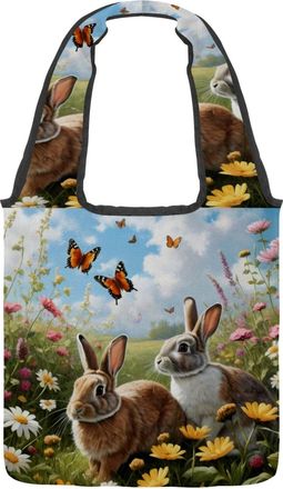 Generic Spring Floral Rabbit Butterfly Reversible Canvas Shoulder Tote - Double-Sided Print, 12oz Cotton, 27cm Drop, Fold-Flat Bag for Travel, Shopping, Stree