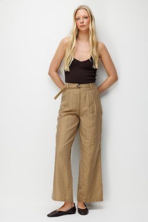 Mixray Hoge Taille Geweven Wijde Pijpen Broek met Ceintuur