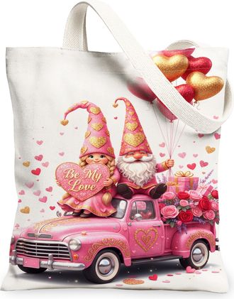 Generic ValentineS Gnome Canvas Tote Bags, Cute Heart Pattern Reusable Shopping Bags, Vintage Floral Lightweight Washable Shoulder, Peach, 13x15 Inch