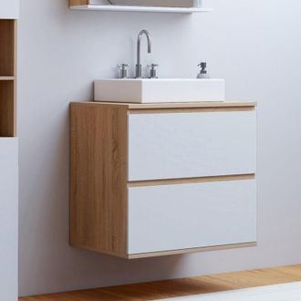 IDMarket Mueble bajo de baño colgante TOMI de 2 cajones en haya y blanco