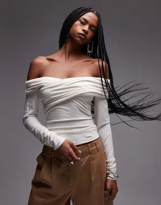 & Other Stories jersey top with draped off shoulder in off white