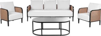 Beliani Conjunto De Jard&iacute;n Exterior Metal 5 Plazas Sof&aacute; Y Sillones De Aluminio Con Cojines Gruesos Blanco Crema Impermeable Respaldo Trenza Vienesa Rat&aacute;n Sint