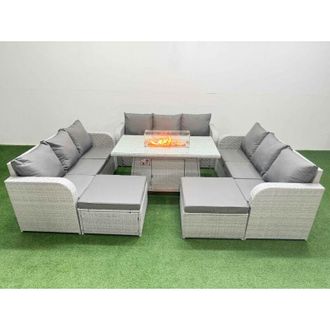 Fimous Pe Rattan Lounge Sofa Set 11 Seater Outdoor Garden Furniture Set with Firepit Dining Table 3 Seater Sofa 2 Big Footstools 2 Side Table Light Grey