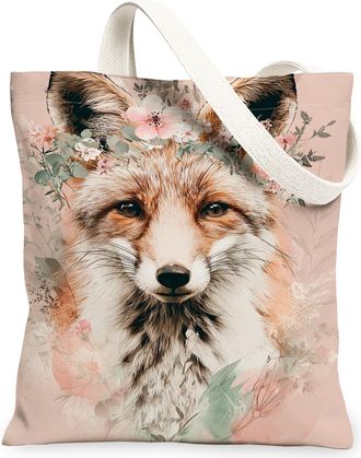 Generic Floral Fox Canvas Tote Bags, Elegant Animal Pattern Reusable Grocery Bags, Spring Lightweight Washable Shoulder Strap, Peach, 13x15 Inch