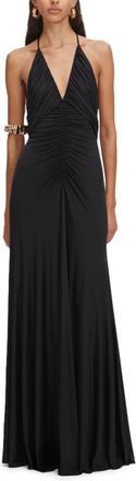 Self Portrait Gathered Black Jersey Maxi Dress with Deep V-Neckline