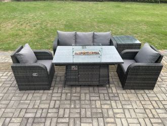 Fimous Outdoor Rattan Garden Furniture Set Propane Gas Fire Pit Table Burner with Lounge Sofa Side Table in Dark Grey