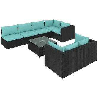 vidaXL Set De Muebles De Jard&iacute;n 8 Pzas Y Cojines Rat&aacute;n Sint&eacute;tico Negro Vidaxl