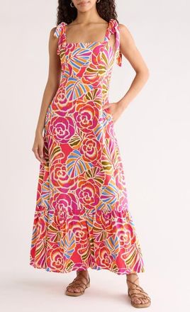 Sugarlips Nomi Floral Hendy Tie Strap Maxi Sundress in Pink-Orange-Blue at Nordstrom, Size X-Large