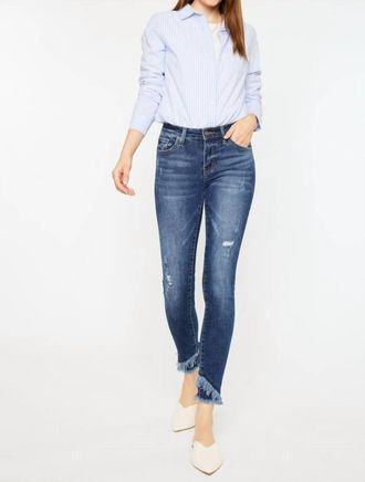 Kancan Nala Mid-Rise Ankle Skinny Double Fray Jean In Dark Blue