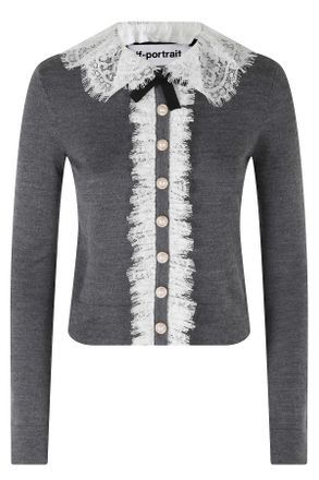 Self Portrait Grey Merino Wool Lace Collar Jeweled Cardigan
