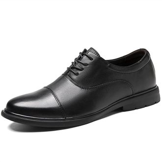 Generic Formal Dress Shoes for Men Lace Up Cap Round Toe Leather Anti-Slip Low Top Block Heel Prom(Black,9.5 UK)