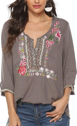 JD Williams Womans Mexican Traditional Embroidery Blouse Summer Hippie Peasant Tops V Neck 3/4 Sleeve Casual Loose Tunic (049-Gray, 3XL)