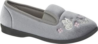 Jo & Joe Ladies Embroidered Velvet Comfort Slippers - Soft Indoor Shoes with Cushioned Foam with rubber sole Sizes 3-8 (Grey, 6, UK Footwear Size System, Adult