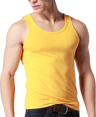 Generic WINWUQB Mens Vests Training Fitness Bodybuilding Tank Tops Sleeveless Round Neck Breathable Tshirt Running Cycling Tank Top Underwear (Yellow,L)