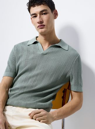 Le 31 Mens Openwork knit Johnny-collar Polo Shirt
