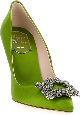 Roger Vivier Womens Flower Strass Pump Green Viscose Silk