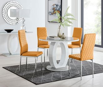 Furniturebox Giovani Round 4 Seat 100cm White High Gloss Halo Base Grey Glass Top Dining Table 4 Soft Faux Leather Silver Leg Milan Chairs