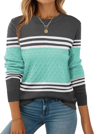Zeagoo Womens Pullover Colour Block Long Sleeve Crew Neck Knitted Jumper Striped Slim Fit Knitwear Tops Sweatshirt Ladies Outfits Light Blue XXL