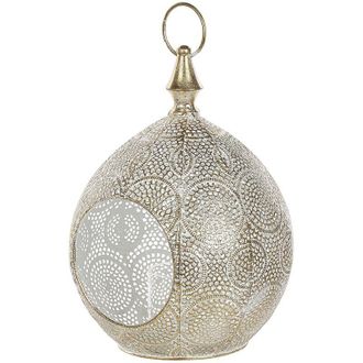 Beliani Farol De Metal Dorado 33 Cm Con Portavelas De Cristal Calado Oriental Boho Laeso
