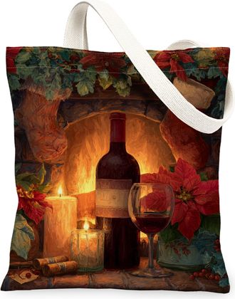 Generic Christmas Vintage Canvas Tote Bags, Holiday Wine Poinsettia Pattern Reusable Bags, Lightweight Washable Shoulder Strap for Travel Picnic 13x15 Inch