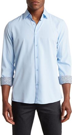 Tom Baine Slim Fit Performance Stretch Long Sleeve Button Front Shirt in Sky Blue at Nordstrom Rack, Size Xx-Large