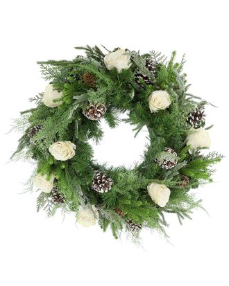 Creative Displays Inc. Handcrafted 27In Evergreen Wreath Arranged With Rose, Fern & Pinecone
