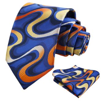 Alizeal Mens Ripple Patterned Necktie and Hanky Colorful Gradient Novelty Tie and Pocket Square Set, Royal Blue+Orange