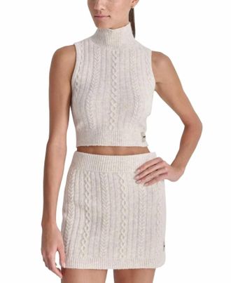 DKNY Cropped Mock-Neck Cable Knit Tank Top In Cortdo Heather