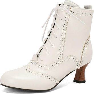 Generic Womens 5.5cm Kitten Heel Brogue Ankle Boots with Lace-Up,Vintage-Style,White,7.5 UK