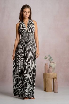 Elan Halter Maxi Dress In Black Zebra
