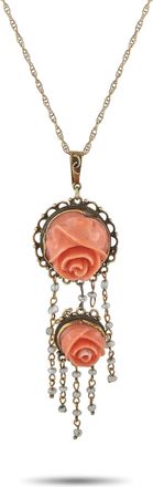 Luxury Bazaar Antique 14K Yellow Gold Carved Coral and Seed Pearl Pendant Necklace MF03-071726