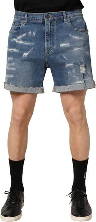 Dolce & Gabbana Blue Cotton Distressed Denim Bermuda Mens Shorts