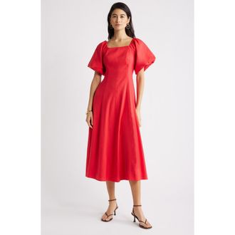 Nordstrom Seam Detail Linen Blend Midi Dress in Red Saucy at Nordstrom, Size Xx-Small