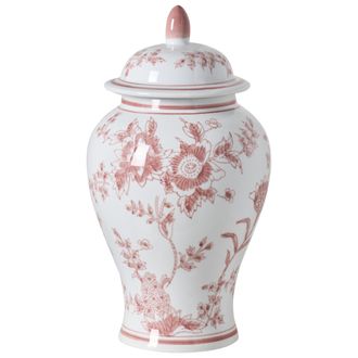 Beliani Jarr&oacute;n Con Tapa Para Flores Florero Accesorio Decorativo De Porcelana Blanco Y Rojo Sewilla