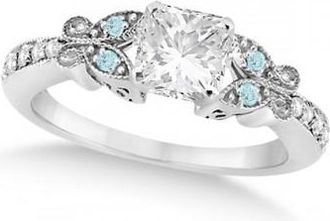 Allurez Princess Diamond & Aquamarine Butterfly Engagement Ring 14k W Gold 0.50ct