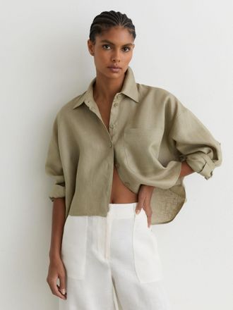 Reiss Green Linen Oversize Cropped Shirt, 16