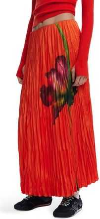 Desigual Floral Pleated Satin Maxi Skirt in Coral at Nordstrom, Size X-Small