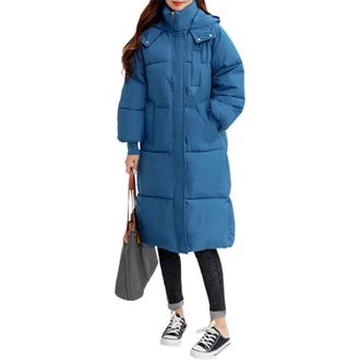 Generic Long Sleeve Quilted Puffer Coat Women Hooded Winter Jacket Warm Long Coat With Closure Navy Blue 3X-Large