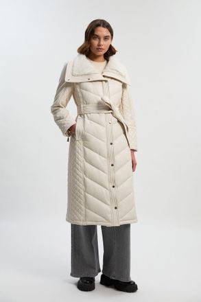 Karen Millen Womens Padded Faux Leather & Fur Mix Midi Coat - Cream - Size 14 UK