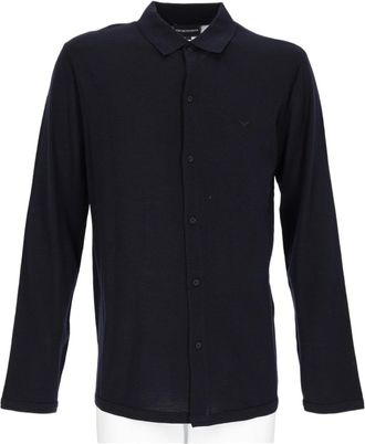 Emporio Armani Long Sleeve Button-Up Sweater with Classic Collar in Deep Blue