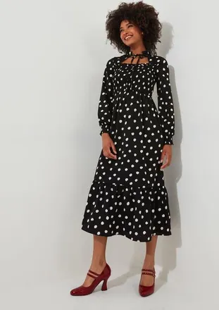 Joe Browns Crochet Asymmetrical Hem Midi Dress in Scattered Dot at Nordstrom, Size 30