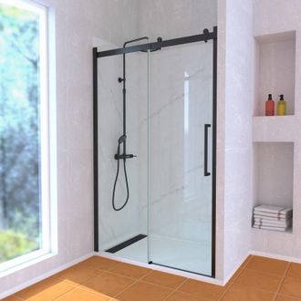 Aurlane Mampara Corredera industrial 120x200 Perfil Negro Y Plato Ducha Blanco + Columna Ducha Mec&aacute;nica